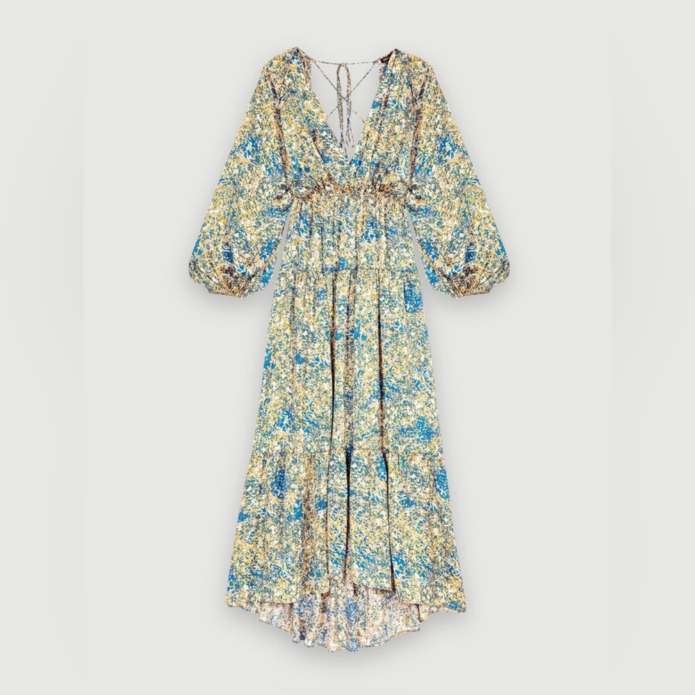 NWT Maje Ritache Abstract Multicolor Puff Sleeve Open Back Maxi dress